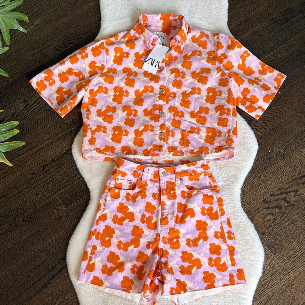 Zara The 90s Floral Denim Set - Connie Shirt Matching Shorts - Size XS - NEW